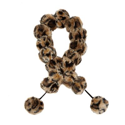 Brown leopard print pom pom scarf